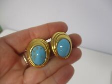 VINTAGE SIGNED CINER GOLDTONE with TURQUOISE CLIP ON EARRINGS ~ 1 1/8