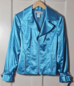 Donna Degnan for Design Elements Jacket Women's Size 8 Aqua Blue Shiny Zip Moto - Picture 1 of 22