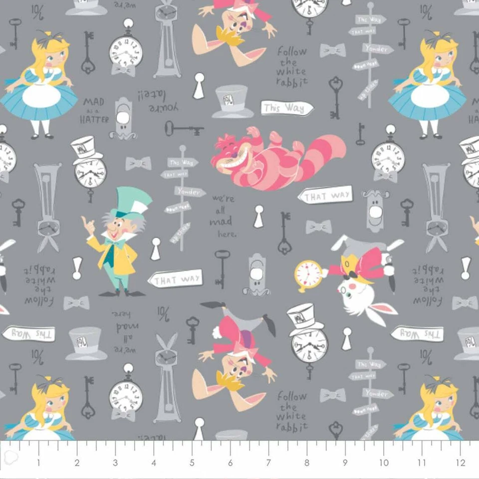 Alice in Wonderland II Fabric Gray Pink Cheshire by Camelot Fabrics~ By The Yard - Image 1 of 1