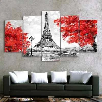 Torre Eiffel Árboles Rojos París Francia Francés 5 Piezas Panel Lienzo Arte de Pared Decoración Foto 1 de 2