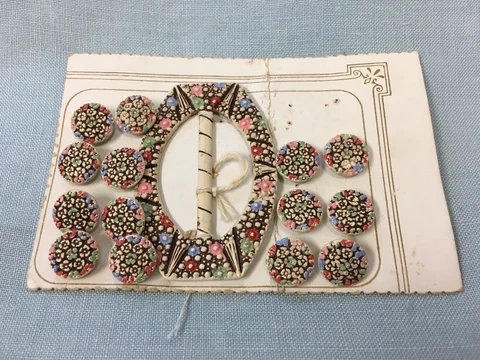 Antique Czechoslovakia Slide Buckle & Buttons DECO Hand Painted Flowers 'BM' NOS Cover