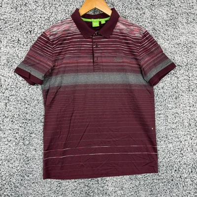 Hugo Boss Polo Shirt Mens Medium Burgundy Gray Striped Regular Fit Mercerized M - Image 1 of 4