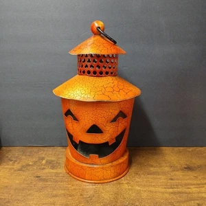 Halloween Orange Metal Rustic Jack-O-Lantern 12" Hanging Lantern - Picture 1 of 8