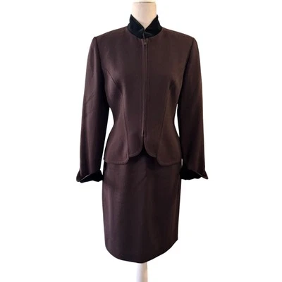 De Colección Christian Dior Conjunto de Traje Falda de Lana Worsted Terciopelo Borde Marrón Talla 10 Oficina  Foto 1 de 4