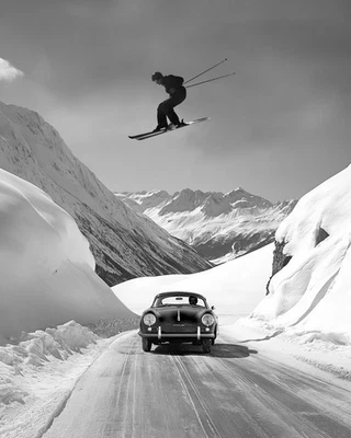 LONE STAR ART Skier Jumping Over Vintage Porsche Poster 18x24 Unframed Black & White Wall Art