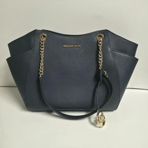 Michael Kors Jet Set Travel Large Chain Shoulder Tote Bag Blue Leather Purse - Picture 1 of 17