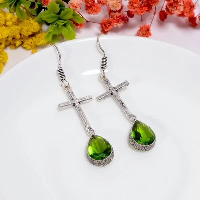 Peridot Gemstone Vintage Handmade Jewelry 925 Sterling Silver Earrings 2.6" b635 - Image 1 of 4