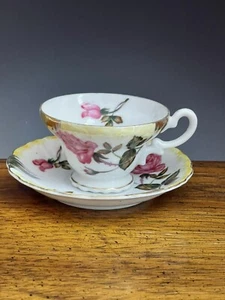 Vintage Japan Pedestal Teacup & Saucer Pink Roses Floral - Picture 1 of 14