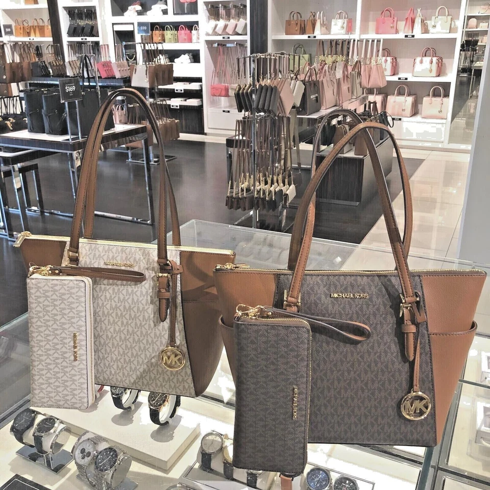 BOLSO DE MANO DE HOMBRO DE CUERO PARA MUJER MICHAEL KORS + CARTERA LARGA CON CREMALLERA ALREDEDOR Foto 1 de 4