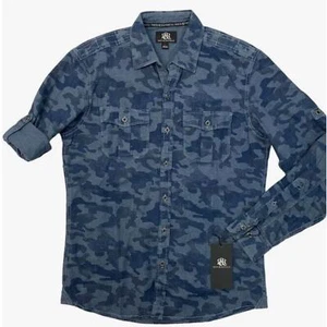 Rock & Republic Shirt Long Sleeve Mens 2XLT Blue Camouflage 100% Cotton Big&Tall - Picture 1 of 9