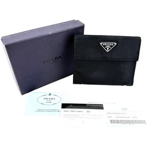 PRADA BIFOLD WALLET TRIANGLE LOGO BLACK NYLON LEATHER AUTHENTIC w/BOX #201 - Picture 1 of 12