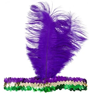 Feathered Mardi Gras Sequin Headband purple green gold - Picture 1 of 1