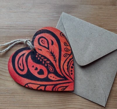 Handmade linocut wooden paisley red love heart hanging ornament Valentine Card - Image 1 of 2