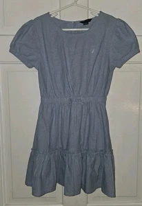NAUTICA chambray Blue Cotton Ruffle Peasant Logo Dress. Girls 7 S - Picture 1 of 5