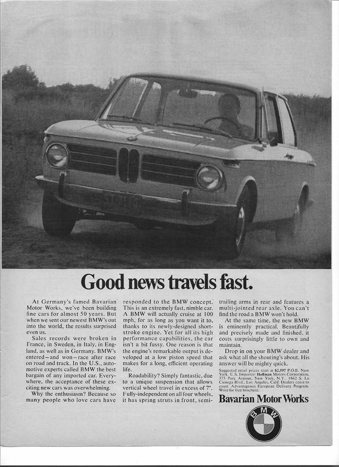 Оригинальная винтажная печатная реклама 1969 BMW 1600 или 1800: «Хорошие новости быстро путешествуют». - Изображение 1 из 1