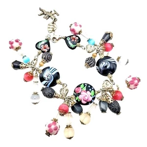 Glass & Crystal LAMPWORKS BRACELET Flower Beads Pink Black Silver Tone 8 1/2" - Imagen 1 de 4