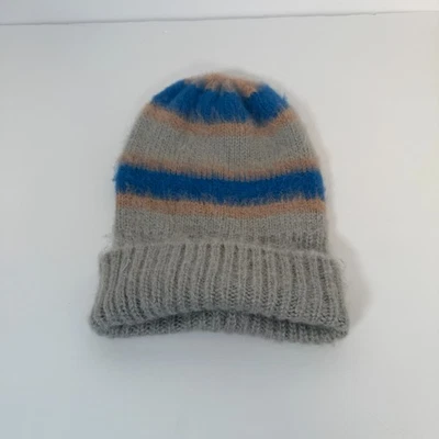 Free People Hat Gray Blue Striped Chunky Knit Acrylic Foldover Hat Winter Boho - Image 1 of 4