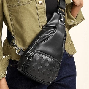Maurices Woven Sling Bag Faux Leather Black Adjustable Strap - Picture 1 of 13