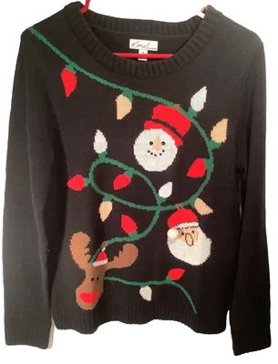 Kim Rogers Ugly Christmas Sweater Size Large Rudolf, Santa & Frosty in Lights!🎄 - Image 1 of 4