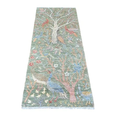 2'7"x6' Green Peshawar Birds Design Hand Knotted Soft Wool Runner Rug G20963 - Image 1 of 4