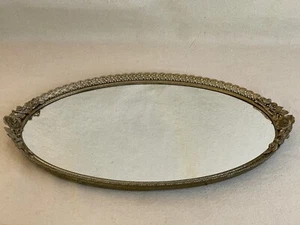 Vintage oval Messing verspiegelt Schminktisch Waschtisch Tablett verziert Rose Blume schön - Bild 1 von 15