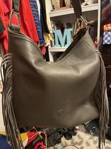 G.I.L.I. Grey genuine leather hobo top handle/crossbody bag W/fringe - Picture 1 of 5