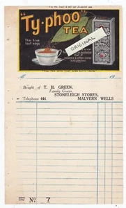 MALVERN WELLS WORCESTERSHIRE T.H. GREEN BILLHEAD STONELEIGH STORES TYPHOO TEA  - Picture 1 of 1