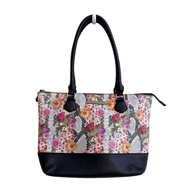 Anne Klein Tote Bag Purse Flowers Snake Skin Black Faux Leather Double Handle - Image 1 of 4