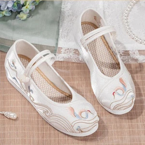 Lady Shoes Buckle Embroidered Floral Hidden Heel Ancient Hanfu Breathable Shoes - Picture 1 of 11