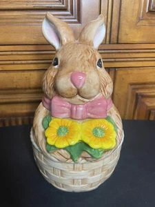 Bunny Basket Cookie Jar Cracker Barrel Easter Spring Flower Ceramic - Picture 1 of 8