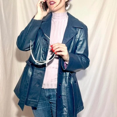 1970s navy leather belted jacket chunky collar luxe matte sheen gogo mod luxury - Image 1 of 4