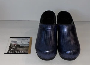 Sanita Leather Clogs Women’s 37 6.5 Professional Cairo Blue Embossed New - Picture 1 of 7