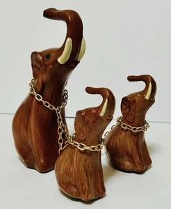 Vintage Midcentury Holzmaserung Elefanten mit Schmuckaugen - 3er Set - MCM Dekor - Bild 1 von 4