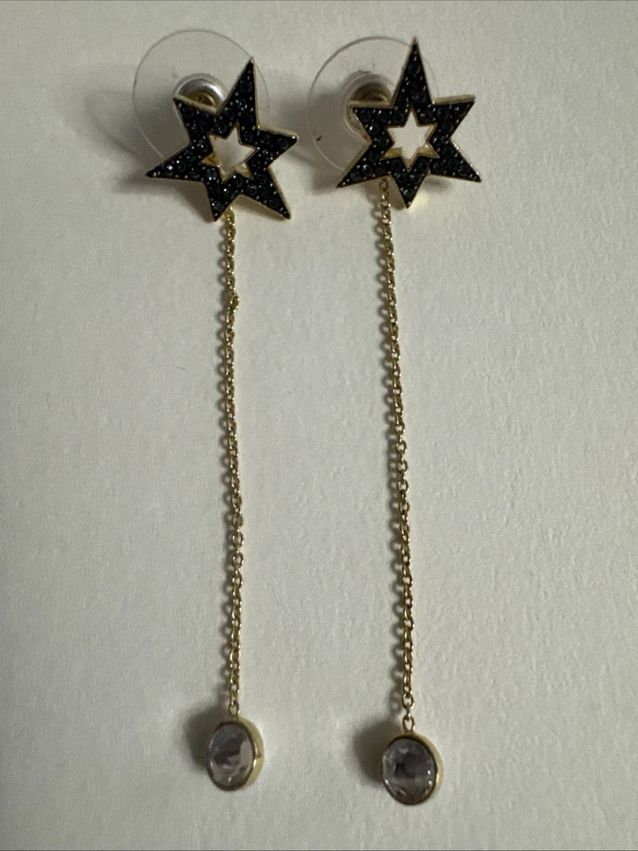 Pendientes Swarovski Gota Estrellas Colgantes Luna Azul Blanco Piedras Tono Dorado Foto 1 de 4