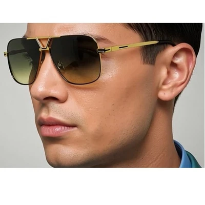 Óculos de sol armação dourada lente quadrada moda masculina retrô tons clássicos street wear - Imagem 1 de 4