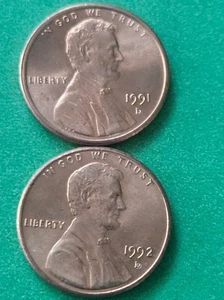 Centavos conmemorativos Lincoln 1991 D y 1992D AU PLUS centavo monedas de 1 c de Estados Unidos - Imagen 1 de 2