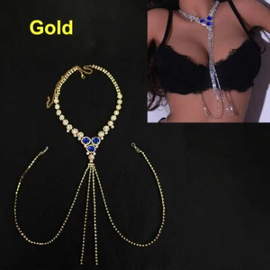 Body Chain Necklace Non Pierced Nipple Ring Gold Rhinestone Ladies Crystal US. - Picture 1 of 5