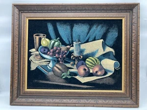 Vintage Framed 1970's Mid-Century Velvet Felt Painting Candlelight Fruit 12x16 - Picture 1 of 5