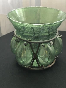 Italian Murano Blown Caged Glass Green Candle Holder Vintage Pinched Bottom - Picture 1 of 7