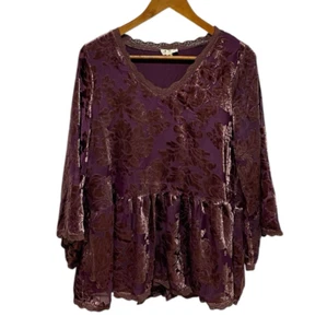 POL Fairy Grunge lila Samt Ausbrenner Langarm kleines Babydoll Boho Spitze - Bild 1 von 7