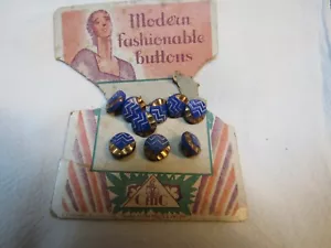 Antique Set 9 Chic Czech Glass 5/16” Tiny Buttons -Card Royal Blue Gold Zig Zag - Picture 1 of 5