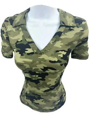 Junior Small Green Camo Polyester Stretch Knit Polo Pullover V Neck - Image 1 of 4