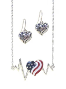 Heartbeat American Pendant Necklace And Earrings Set White Gold - Picture 1 of 7
