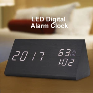 Réveil en Bois LED Commande Vocale Affichage Temps /Température /Humidité - Photo 1/12