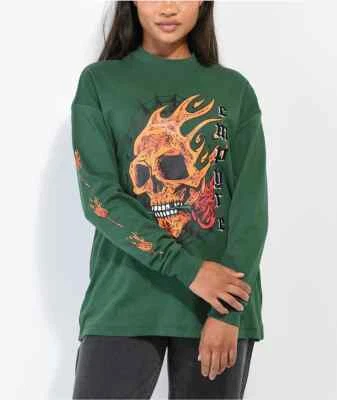 NUEVO Para Mujer XS Empyre Velma Llama Calavera Manga Larga Camisa Patinador Cuello Simulado Verde Foto 1 de 4