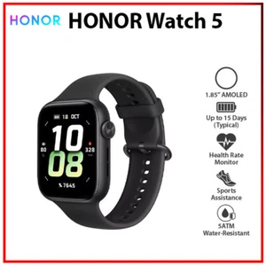 NEW HONOR Watch 5 BLACK 1.85" AMOLED 5ATM Bluetooth GPS Android iOS Smartwatch - Picture 1 of 6
