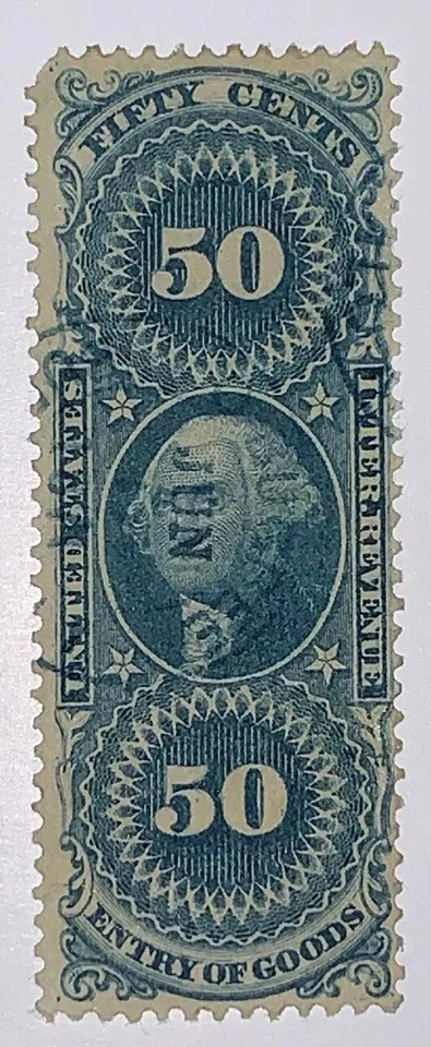 Travelstamps:1862-1871 US Revenue Scott R55c 50c Entry of Goods Handstamped Used - Image 1 of 4
