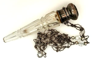 Antique Victorian Cut Crystal Perfume Vial Sterling Silver Lid Fancy Chain - Picture 1 of 4