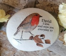 Sadly missed, love you, miss you, bespoke, pebble, rock, memorial, family, robin