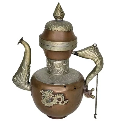 Tetera tibetana con dragón, aleación de plata y cobre vintage Foto 1 de 4